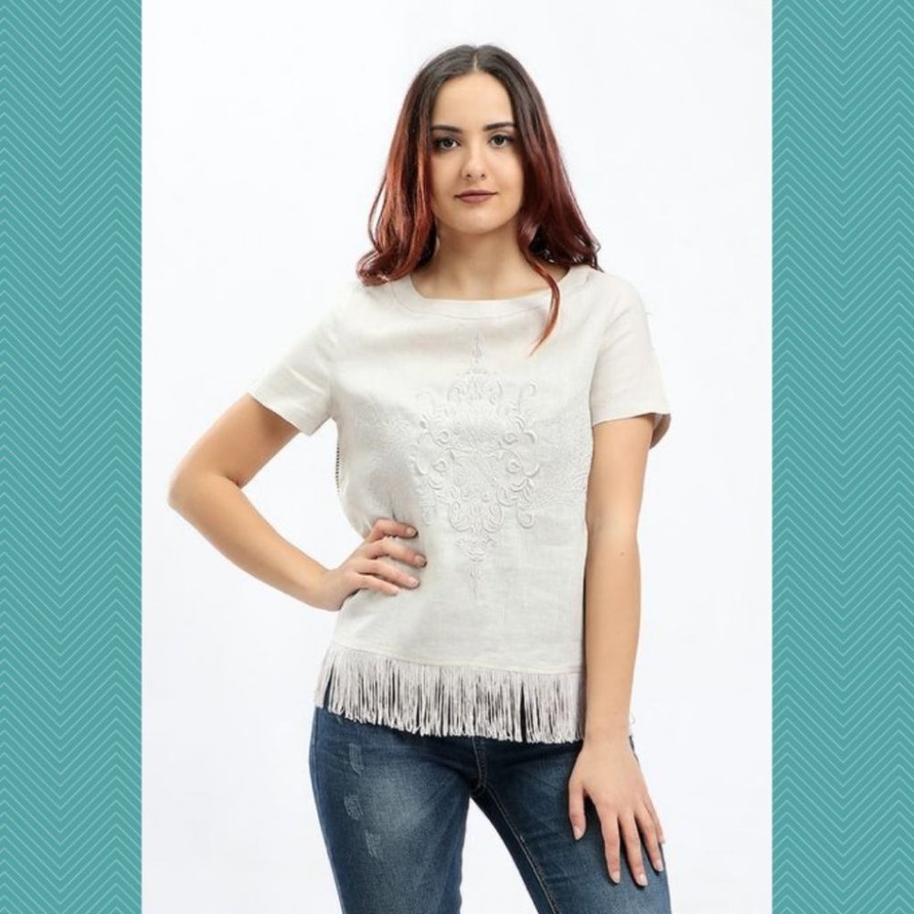 Dalydress Ivory Beige 100% Linen Embroidered Fringe Hem Top